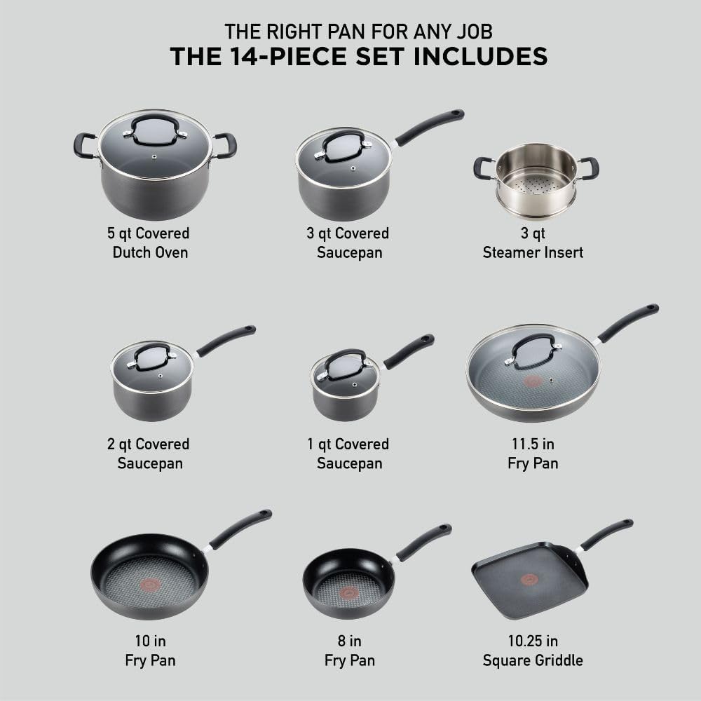 T-fal – Juego de Utensilios de Cocina de 14 Piezas | Antiadherente con Revestimiento de Titanio | Aluminio Anodizado Duro | Color Negro - Imagen 2