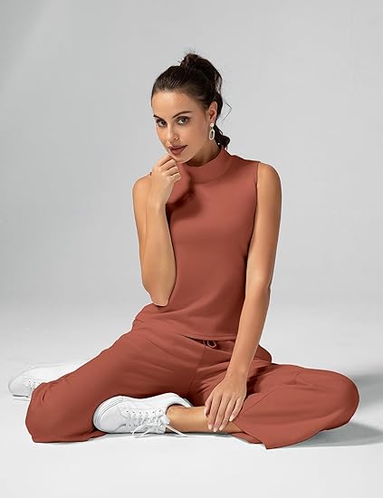 Conjunto de Dos Piezas para Mujer – Blusa sin Mangas de Cuello Alto y Pantalón Acampanado, Ropa Elegante y Ligera para Oficina, Vacaciones o Uso Diario - Imagen 6