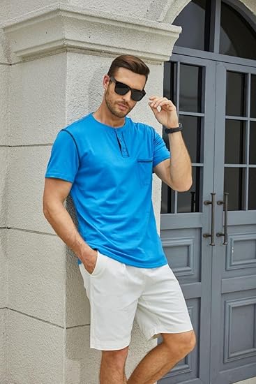 Henley - Camiseta clásica de manga corta para hombre, ligera, con botones, de algodón, camiseta informal a la moda - Imagen 4