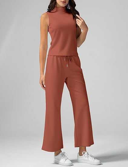Conjunto de Dos Piezas para Mujer – Blusa sin Mangas de Cuello Alto y Pantalón Acampanado, Ropa Elegante y Ligera para Oficina, Vacaciones o Uso Diario - Imagen 3