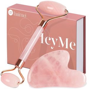 BAIMEI IcyMe – Set de Rodillo Facial y Gua Sha de Cuarzo Rosa, Masajeador para Cara y Ojos