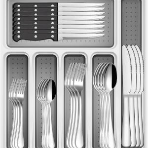 Juego de cubiertos de 49 piezas con organizador, servicio completo para 8 con cuchillos y utensilios incluidos.
