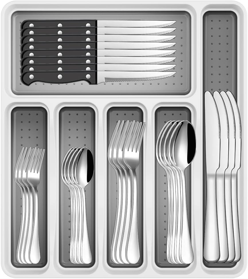 Juego de cubiertos de 49 piezas con organizador, servicio completo para 8 con cuchillos y utensilios incluidos.