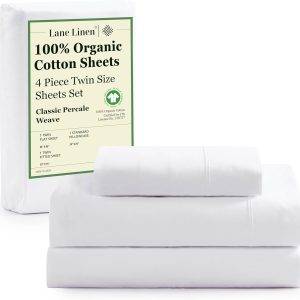 LANE LINEN - Sábanas individuales de algodón orgánico percal, 3 piezas, suaves y frescas, ajustables hasta 15" de profundidad, color blanco
