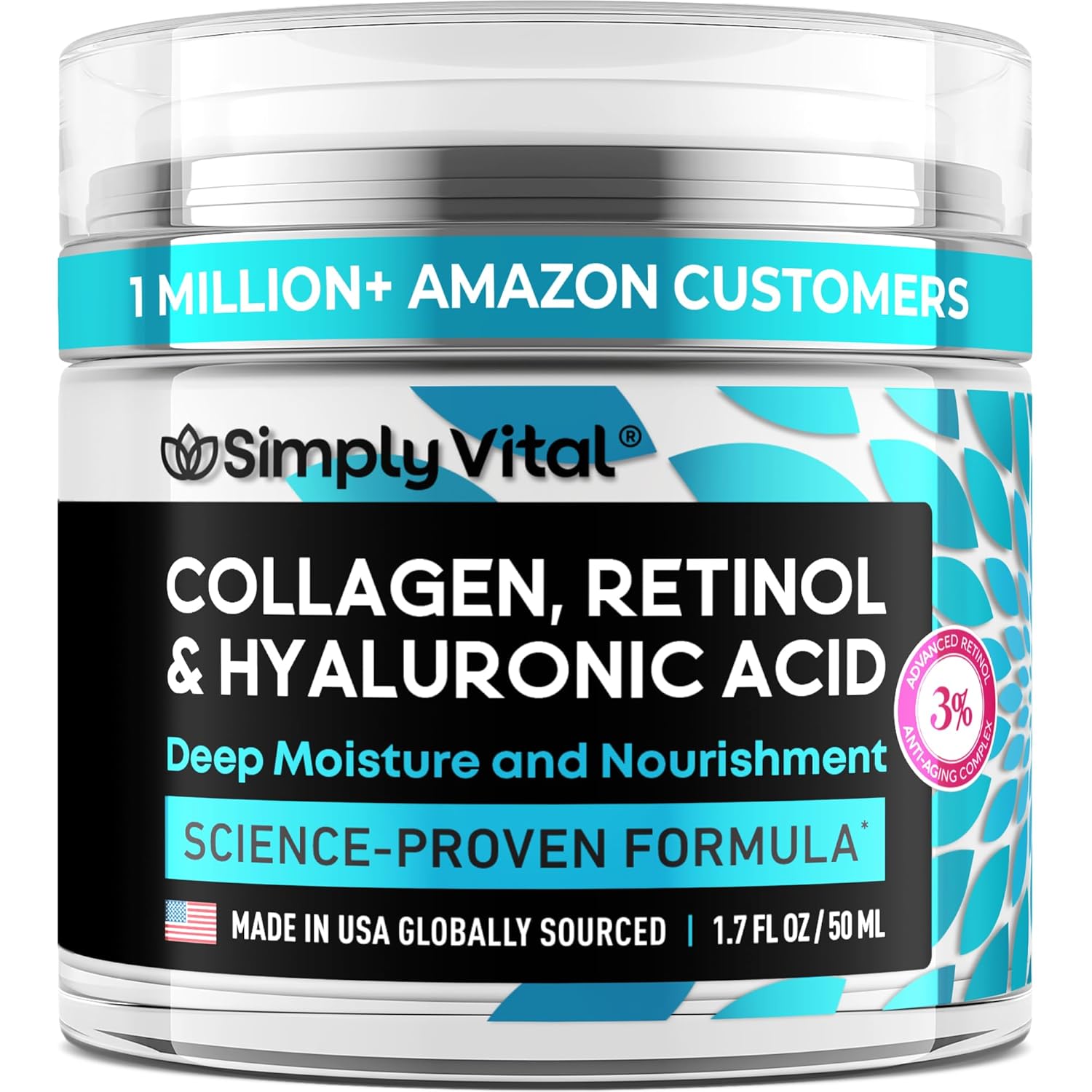 SimplyVital Crema Antienvejecimiento con Colágeno, Retinol y Ácido Hialurónico para rostro, cuello y escote – 1.7 oz.
