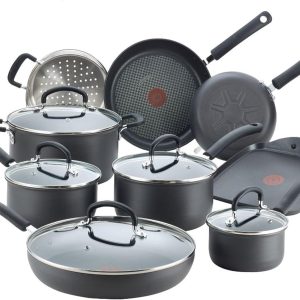 T-fal – Juego de Utensilios de Cocina de 14 Piezas | Antiadherente con Revestimiento de Titanio | Aluminio Anodizado Duro | Color Negro