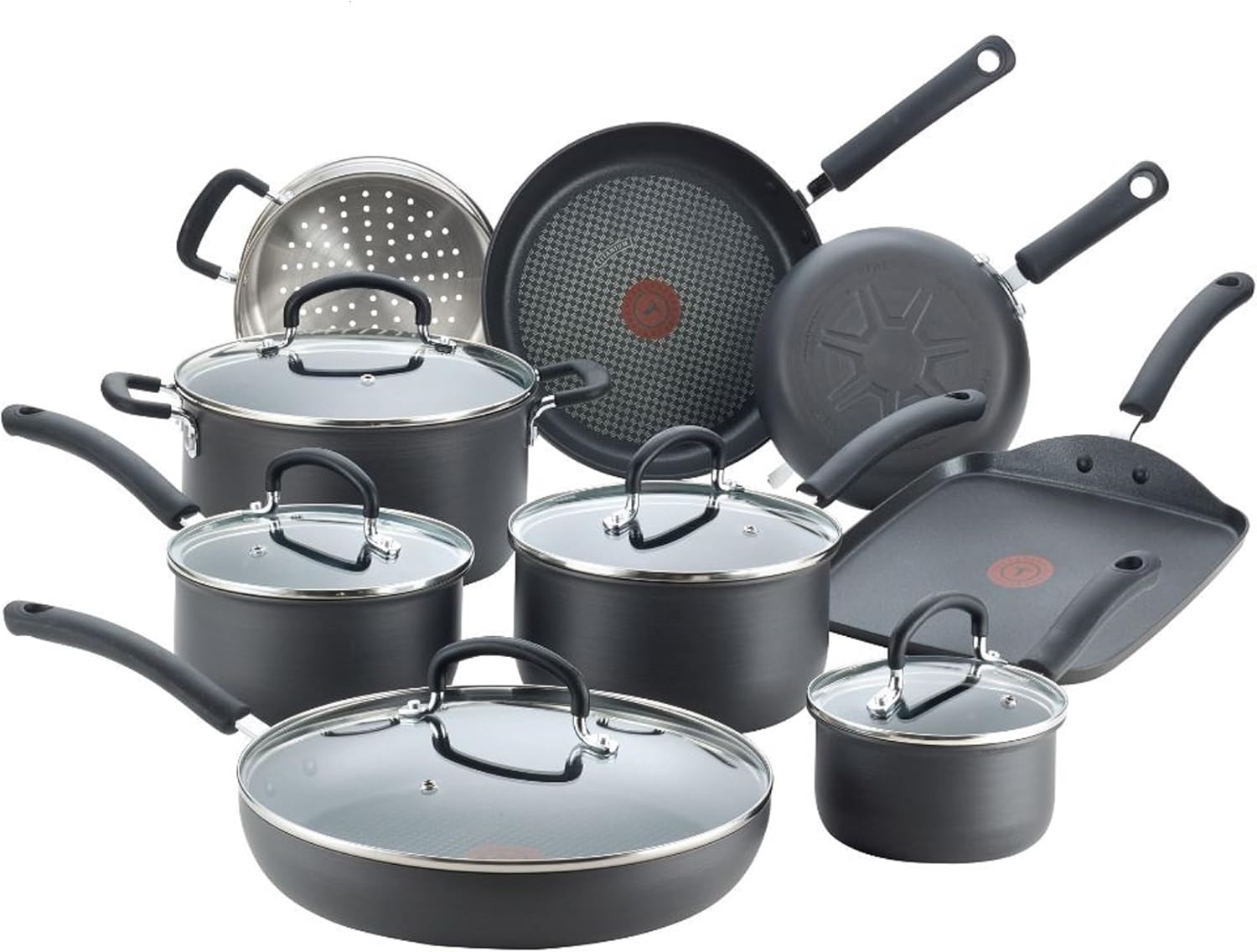 T-fal – Juego de Utensilios de Cocina de 14 Piezas | Antiadherente con Revestimiento de Titanio | Aluminio Anodizado Duro | Color Negro