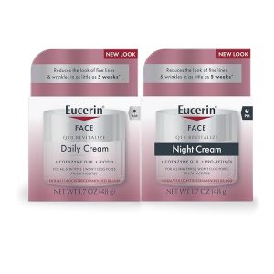 Eucerin Q10 – Set de cuidado de la piel, crema facial diaria antiarrugas con biotina (1.7 onzas) + crema de noche antiarrugas con pro-retinol (1.7 onzas), para todo tipo de piel, sin fragancia