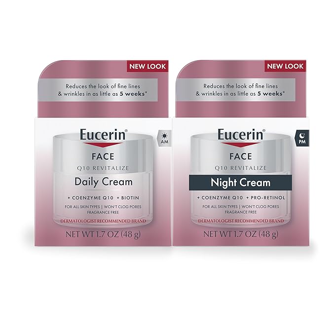 Eucerin Q10 – Set de cuidado de la piel, crema facial diaria antiarrugas con biotina (1.7 onzas) + crema de noche antiarrugas con pro-retinol (1.7 onzas), para todo tipo de piel, sin fragancia
