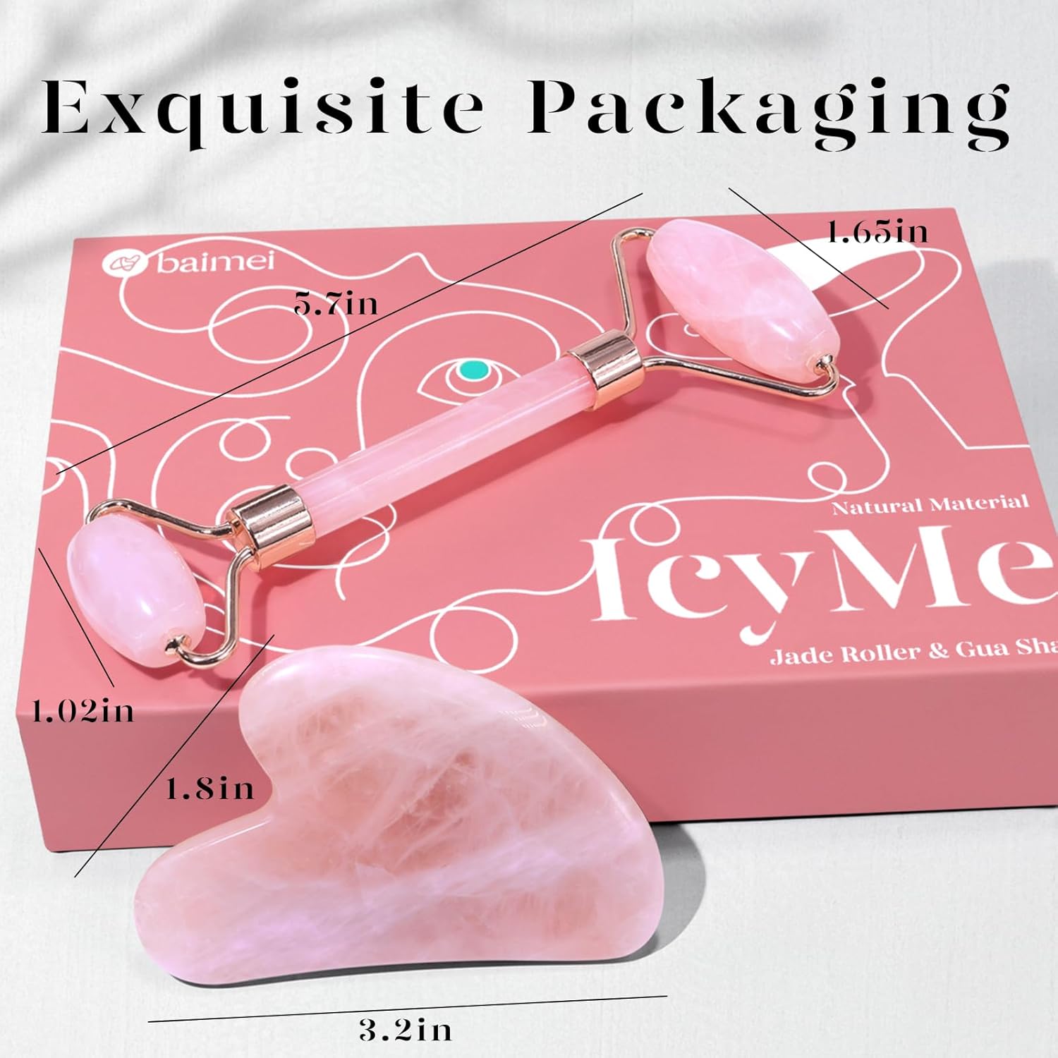 BAIMEI IcyMe – Set de Rodillo Facial y Gua Sha de Cuarzo Rosa, Masajeador para Cara y Ojos - Imagen 7