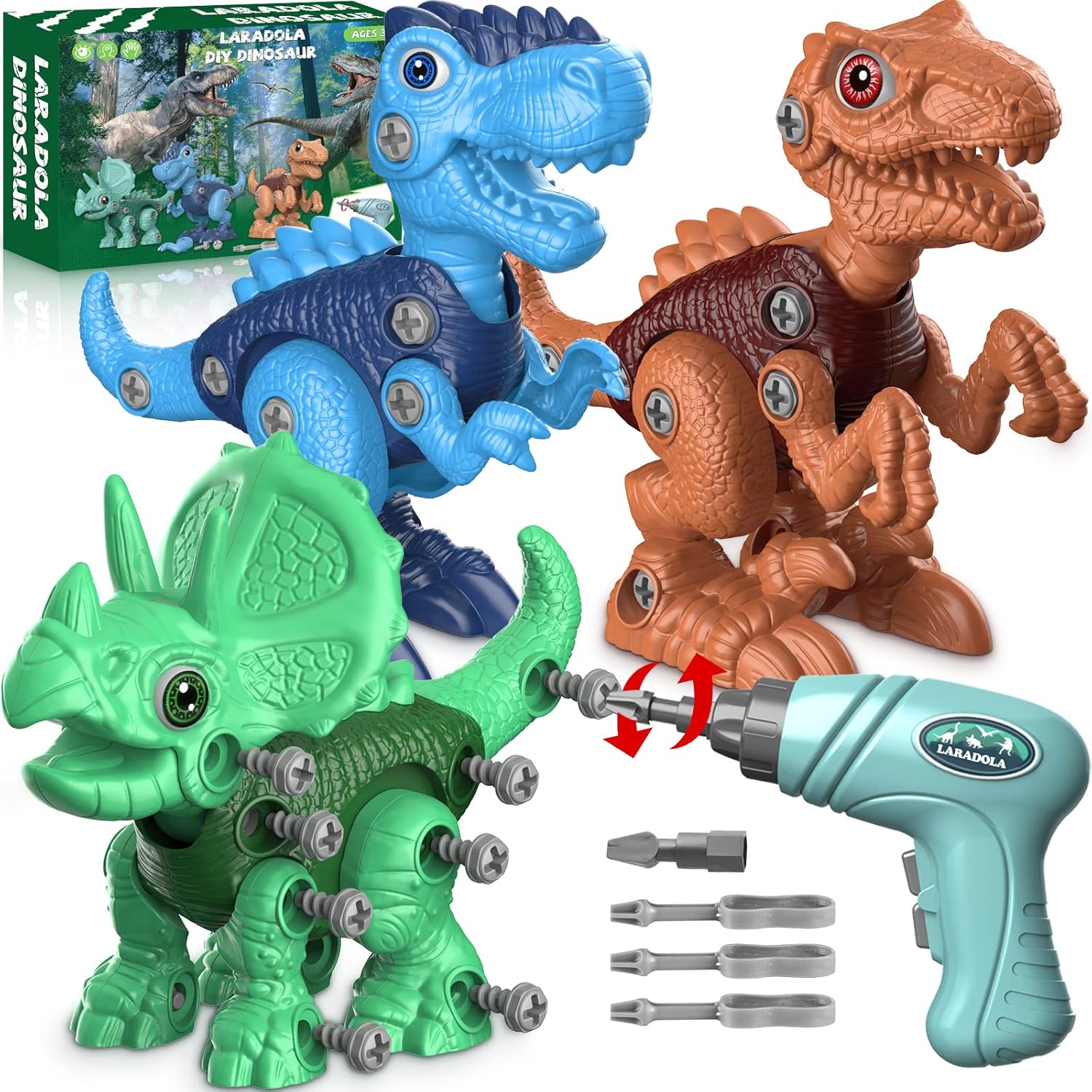 Laradola- set de dinosaurios desmontables con taladro eléctrico para niños de 3 a 8 años. Fomenta la creatividad, el aprendizaje STEM y la coordinación mientras juegan.