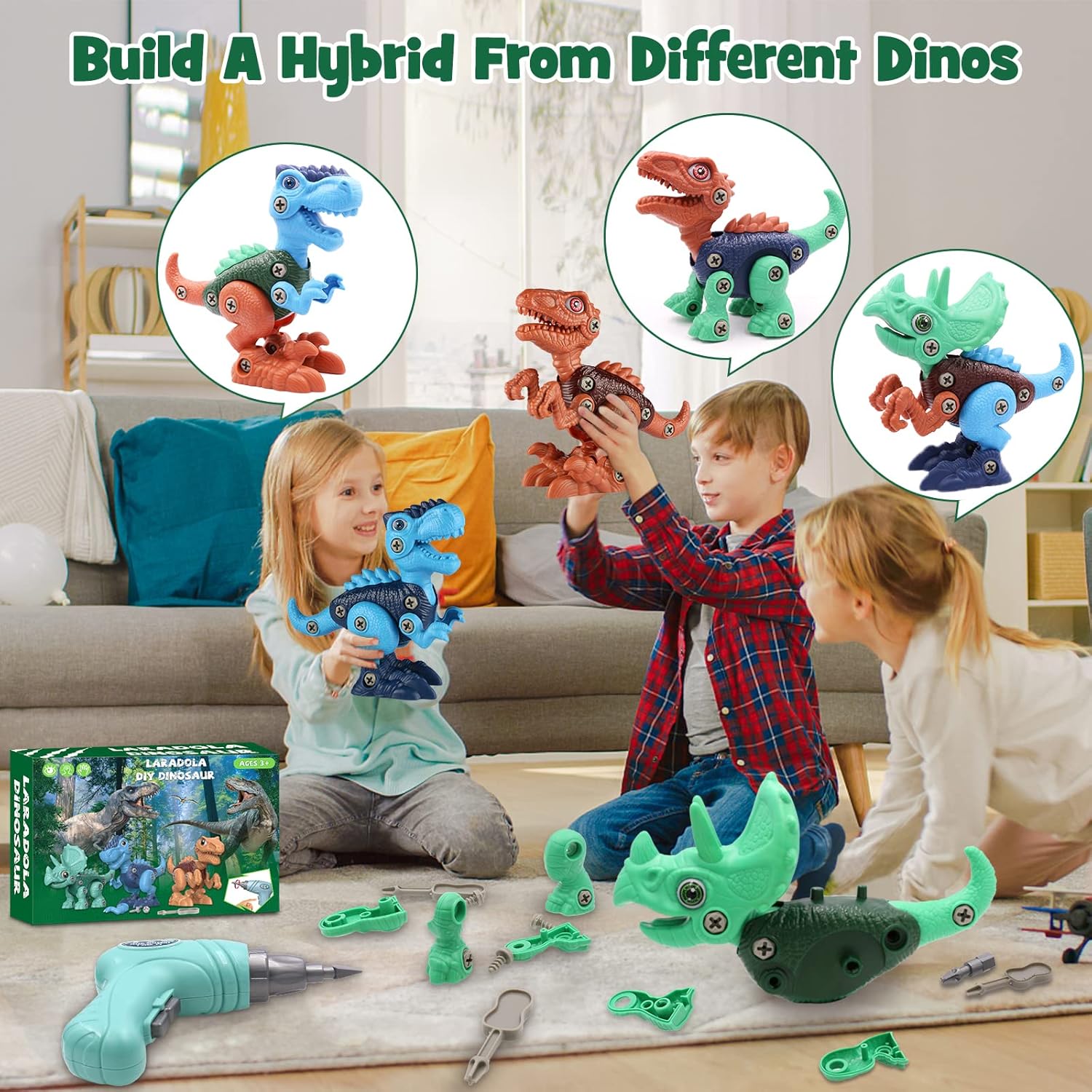 Laradola- set de dinosaurios desmontables con taladro eléctrico para niños de 3 a 8 años. Fomenta la creatividad, el aprendizaje STEM y la coordinación mientras juegan. - Imagen 5