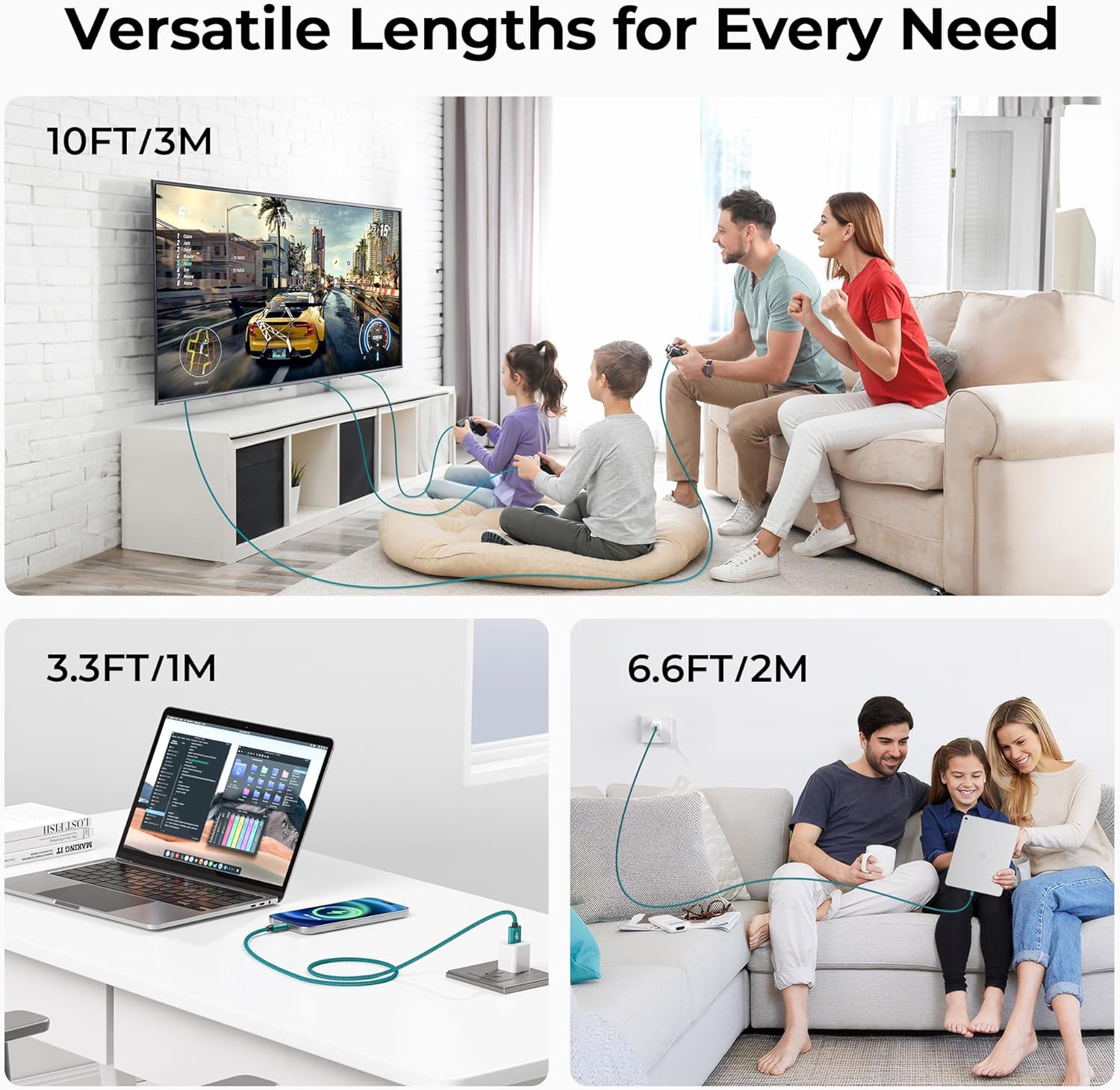 Basesailor – Cable CarPlay USB A a C para iPhone 15/16 y más, pack 3 longitudes, carga rápida y resistente. - Imagen 5