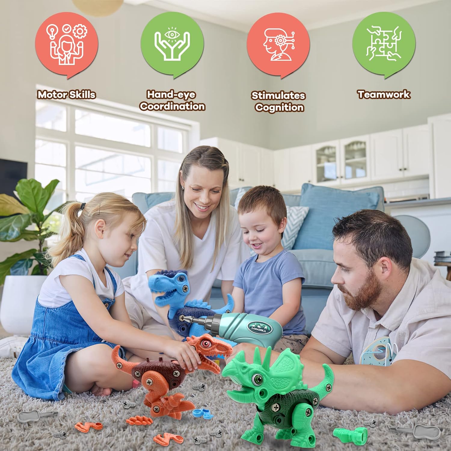 Laradola- set de dinosaurios desmontables con taladro eléctrico para niños de 3 a 8 años. Fomenta la creatividad, el aprendizaje STEM y la coordinación mientras juegan. - Imagen 7