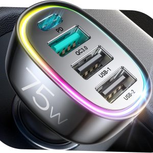 Cargador USB C para coche de 75W con 4 puertos, carga rápida para iPhone, Samsung, iPad y más.