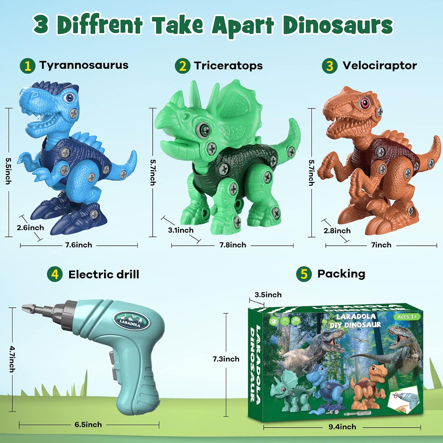 Laradola- set de dinosaurios desmontables con taladro eléctrico para niños de 3 a 8 años. Fomenta la creatividad, el aprendizaje STEM y la coordinación mientras juegan. - Imagen 8