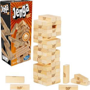 Jenga clásico de bloques de madera: saca, apila y evita que la torre caiga. Diversión para todas las edades, ideal para fiestas y juegos en familia.