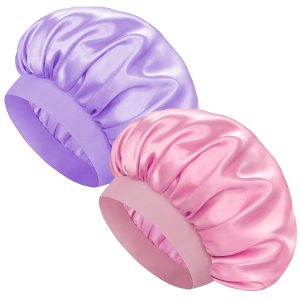 Pack de 2 Gorros de Seda para Mujer – Gorro de Ducha Rizado con Banda Elástica, Rosa y Morado Claro