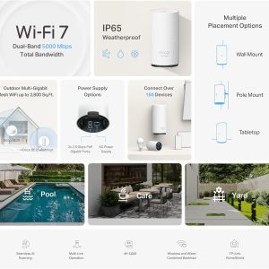 TP-Link - BE5000 Extensor WiFi 7 Doble Banda para Exteriores Deco BE25-Outdoor (1 Unidad) - Cubre hasta 2,800 pies cuadrados - 2 Puertos PoE+ de 2.5G - IP65 Impermeable - Tecnología MLO - Multizona