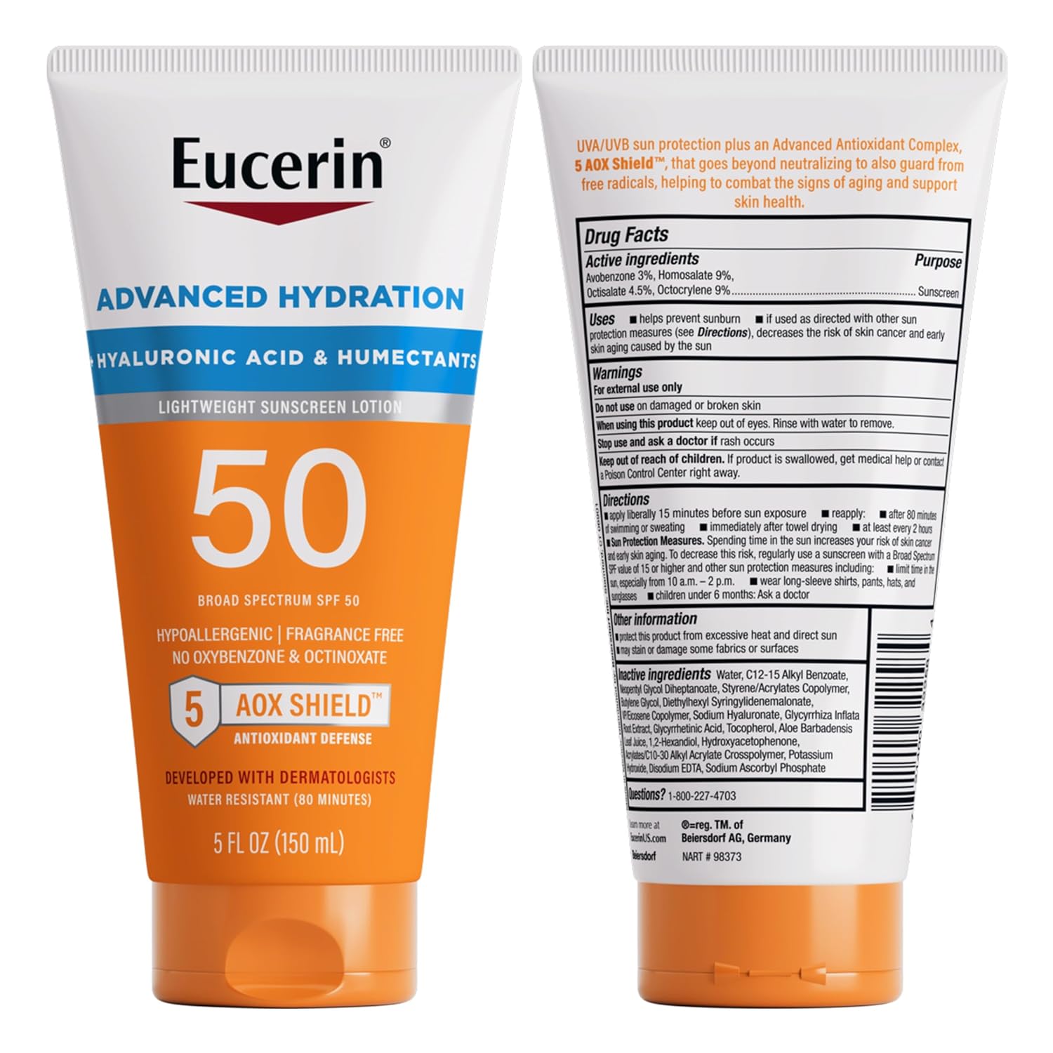 Eucerin - Sun Advanced Hydration SPF 50 – Protector Solar Ligero con Ácido Hialurónico, Hipoalergénico y Sin Fragancia.