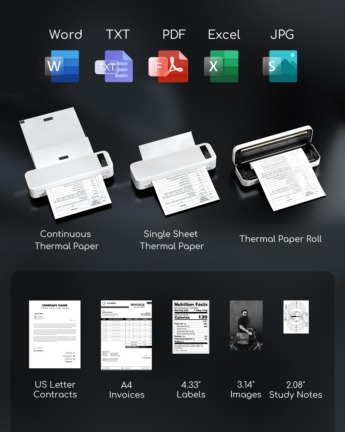 Impresora térmica portátil, impresoras portátiles Bluetooth inalámbricas para viajes, pequeña impresora móvil sin tinta para teléfono portátil, compatible con papel térmico de 8.5 x 11 - Imagen 2