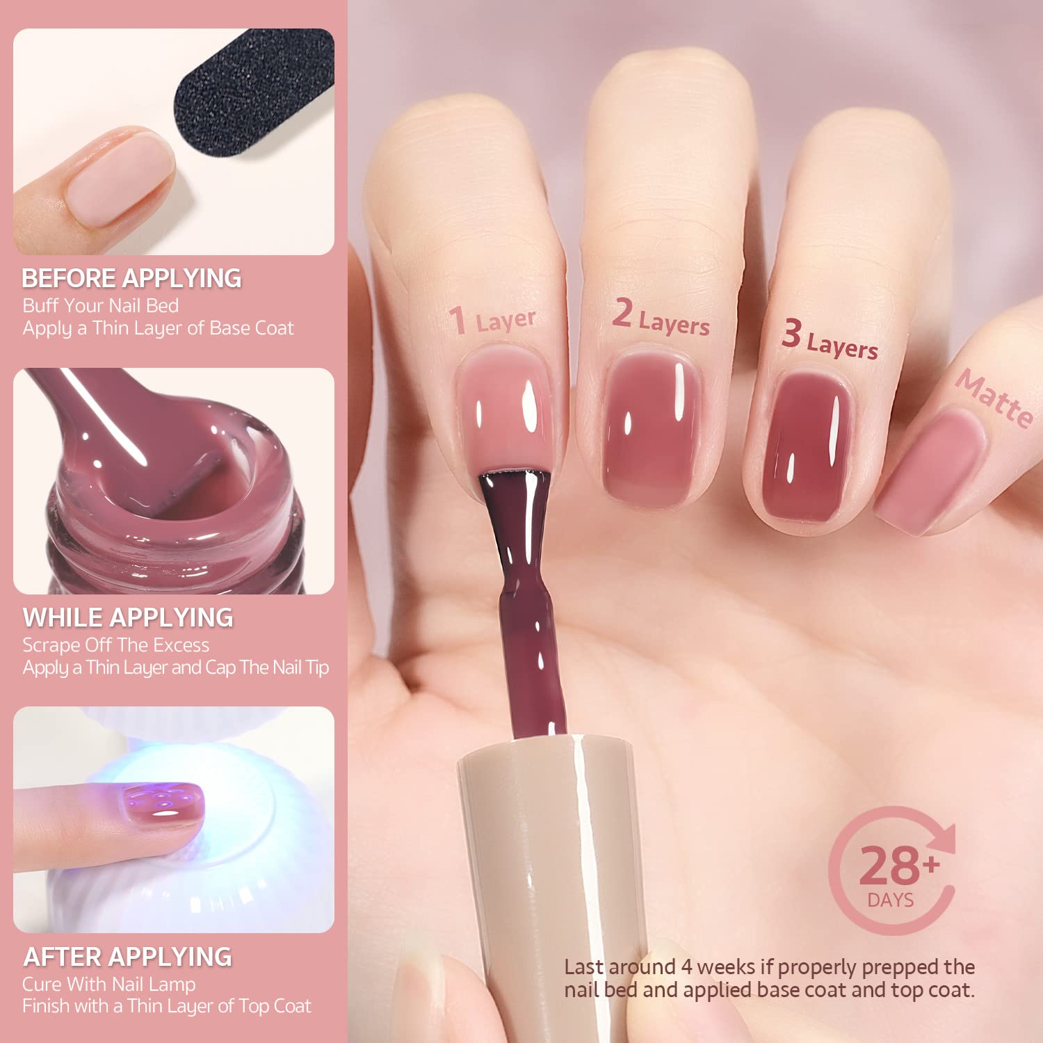GAOY - Esmalte de Uñas en Gel – Set de 6 Colores Rose Garden (Transparente, Nude, Rojo, Rosa, Marrón) | Ideal para Salón y Manicura en Casa - Imagen 6