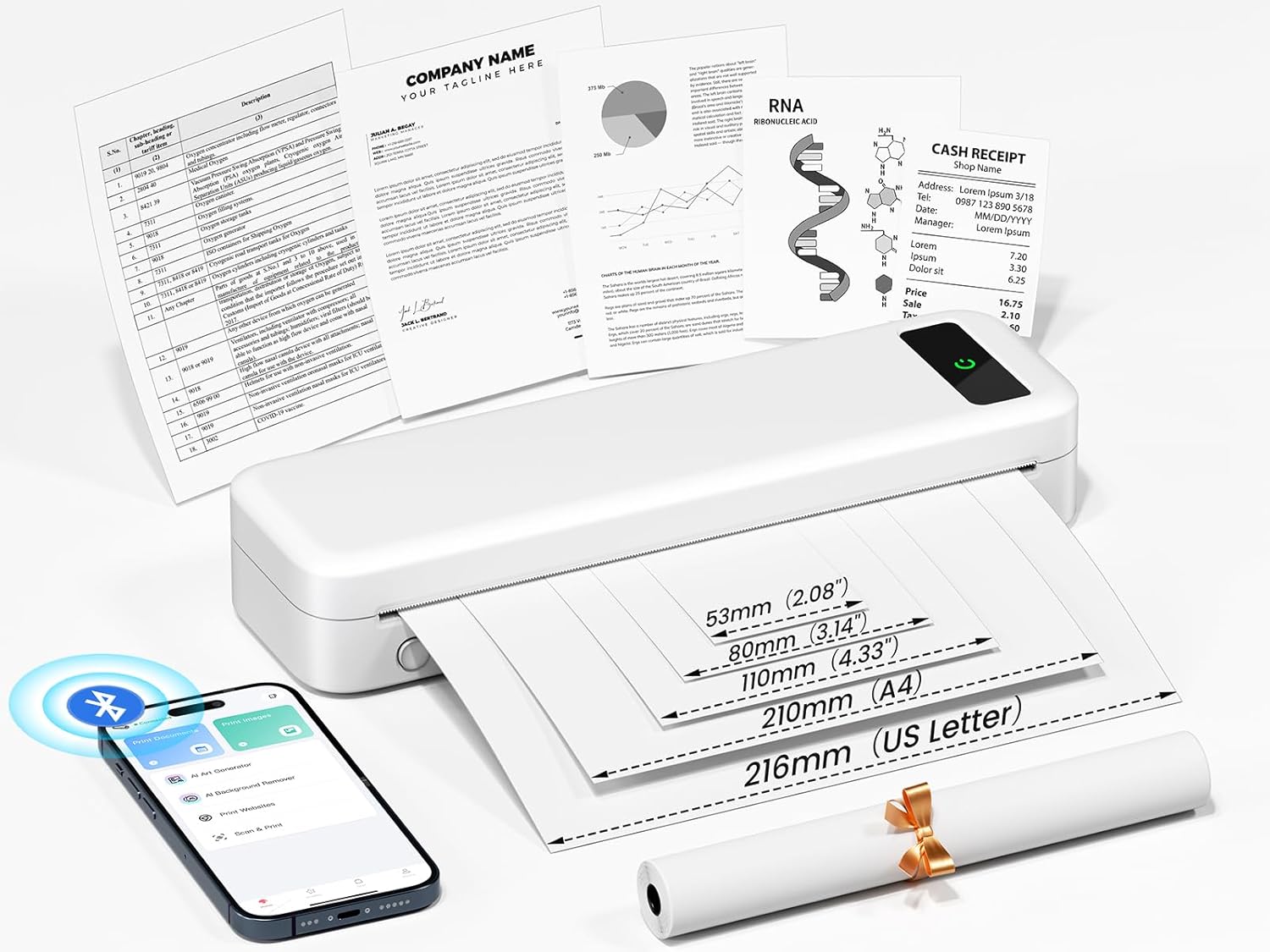 Impresora térmica portátil, impresoras portátiles Bluetooth inalámbricas para viajes, pequeña impresora móvil sin tinta para teléfono portátil, compatible con papel térmico de 8.5 x 11