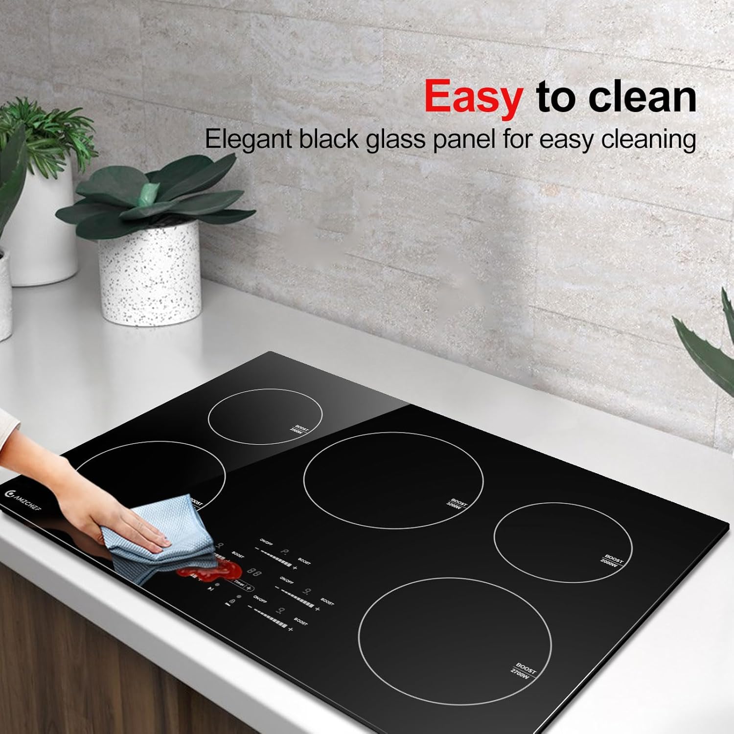 AMZCHEF Placa de Inducción 30" – 5 Quemadores BOOST, 10600W, Control Táctil, 9 Niveles, Bloqueo Infantil y Temporizador Integrado - Imagen 5