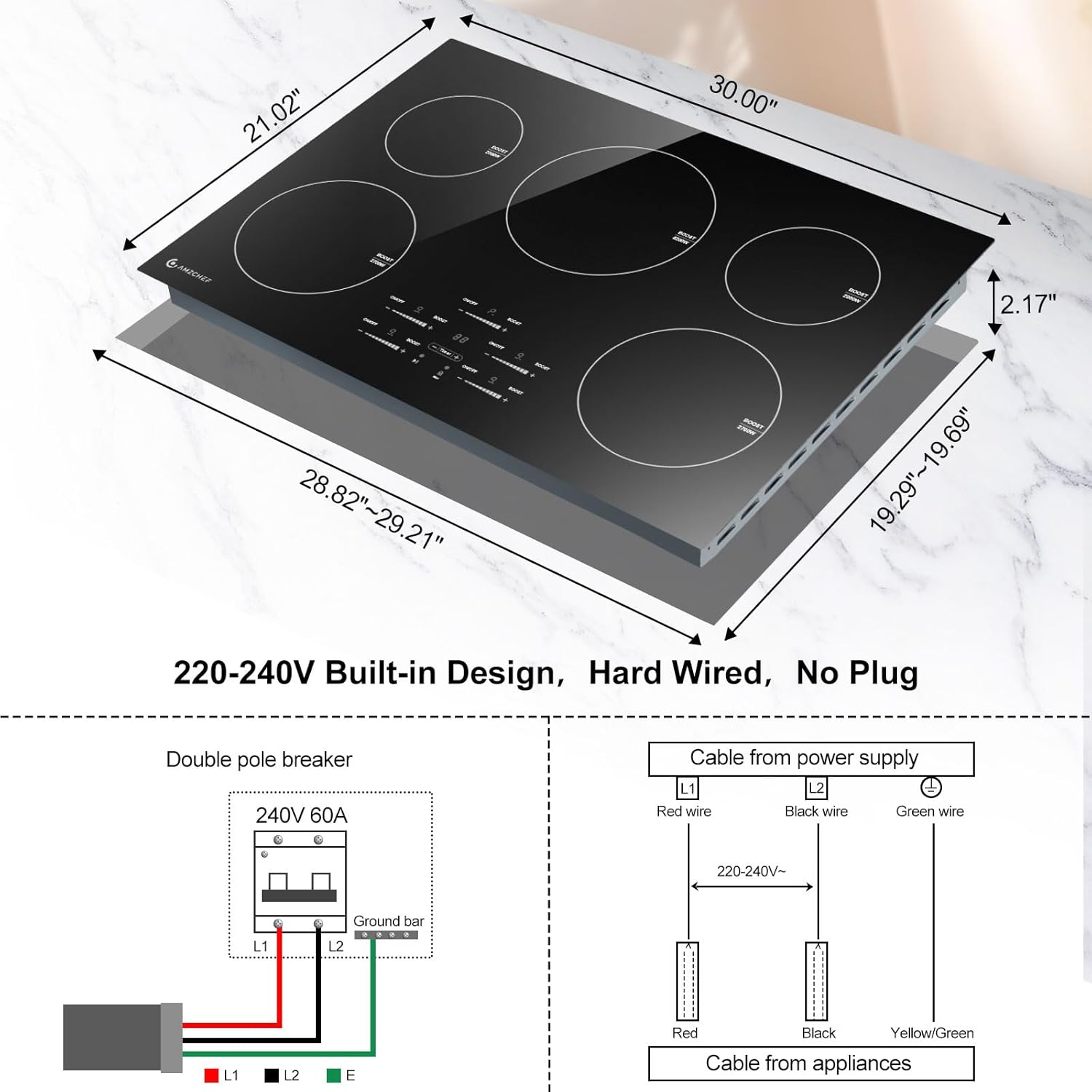AMZCHEF Placa de Inducción 30" – 5 Quemadores BOOST, 10600W, Control Táctil, 9 Niveles, Bloqueo Infantil y Temporizador Integrado - Imagen 6