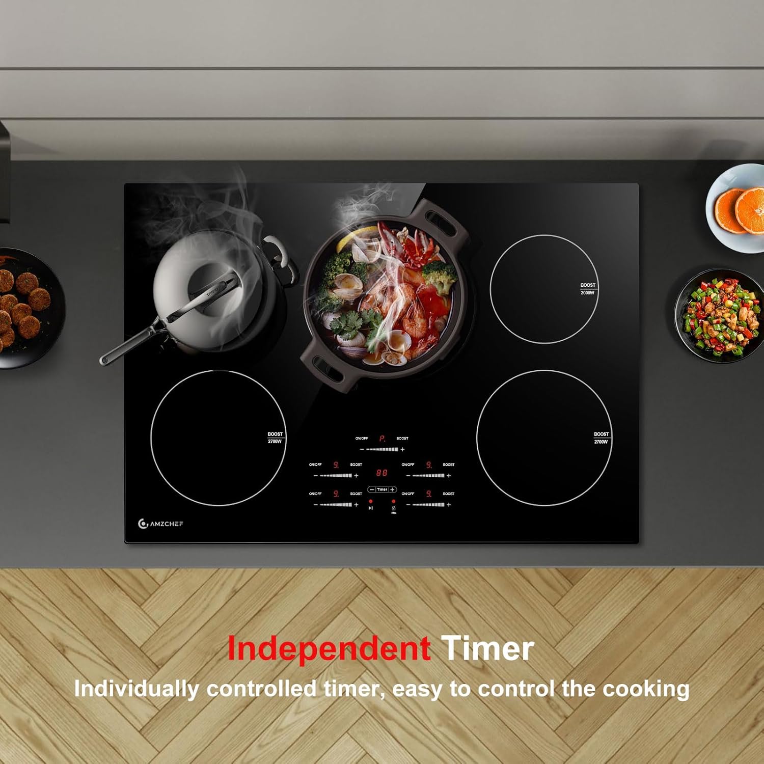AMZCHEF Placa de Inducción 30" – 5 Quemadores BOOST, 10600W, Control Táctil, 9 Niveles, Bloqueo Infantil y Temporizador Integrado - Imagen 4