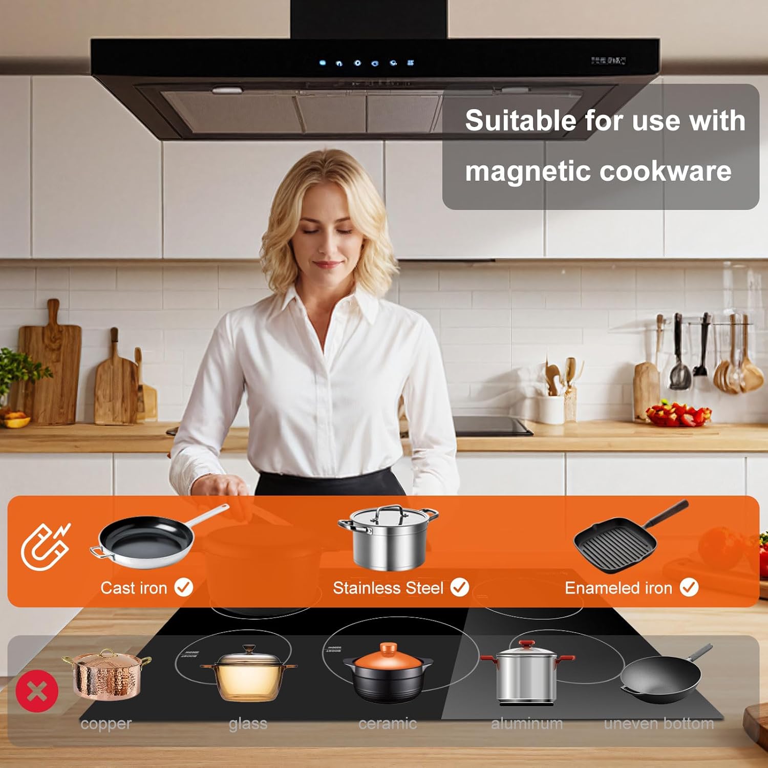 AMZCHEF Placa de Inducción 30" – 5 Quemadores BOOST, 10600W, Control Táctil, 9 Niveles, Bloqueo Infantil y Temporizador Integrado - Imagen 8