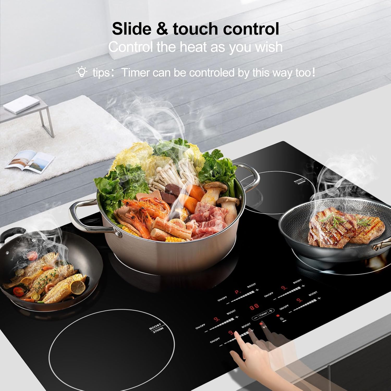 AMZCHEF Placa de Inducción 30" – 5 Quemadores BOOST, 10600W, Control Táctil, 9 Niveles, Bloqueo Infantil y Temporizador Integrado - Imagen 9