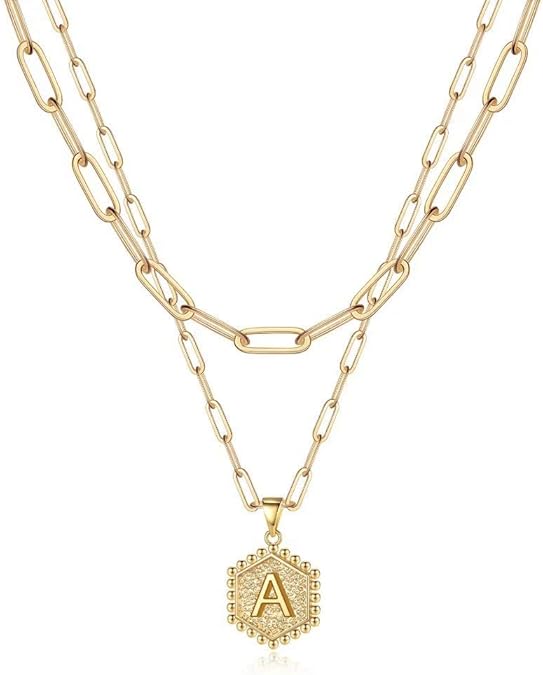 M MOOHAM Collar Delicado En Capas Para Mujer – Collar De Oro 14K Con Letra Inicial Hexagonal, Joyería Personalizada Ideal Para Regalos