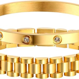 MPRAINBOW -  Pack De 2 Pulseras De Eslabones Dorados – Pulseras De Amistad De Acero Inoxidable Tipo Reloj Con Herramienta De Ajuste