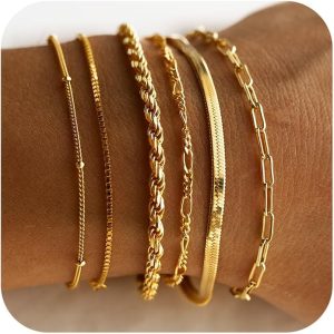 DEARMAY - Pulseras De Oro Para Mujer – Conjunto De Joyería Impermeable 14K Real, Pulsera Fina, Delicada, Apilable, Estilo Cuban Link Y Paperclip, Accesorios De Moda Y Regalos