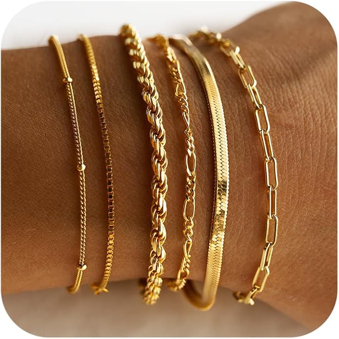 DEARMAY - Pulseras De Oro Para Mujer – Conjunto De Joyería Impermeable 14K Real, Pulsera Fina, Delicada, Apilable, Estilo Cuban Link Y Paperclip, Accesorios De Moda Y Regalos