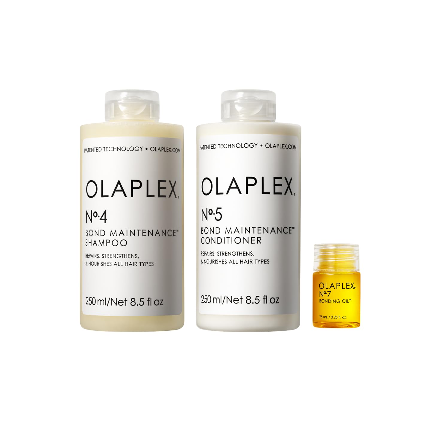 OLAPLEX - Kit de Lavado y Brillo para Cabello – Nº 4, 5 y 7: Champú, Acondicionador y Aceite para Limpieza, Hidratación y Control de Encrespamiento hasta 72 Horas