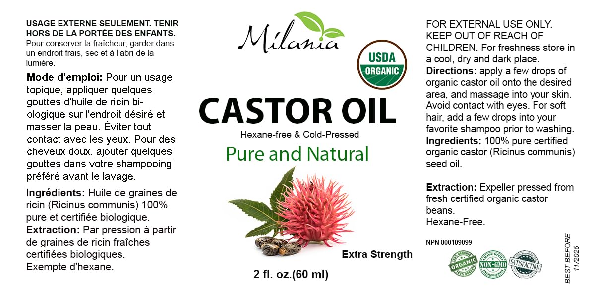 MILANIA - Aceite de Ricino Orgánico Prémium – Suero Prensado en Frío 100 % Puro (2 oz) para Piel, Cabello, Pestañas y Cejas - Imagen 3