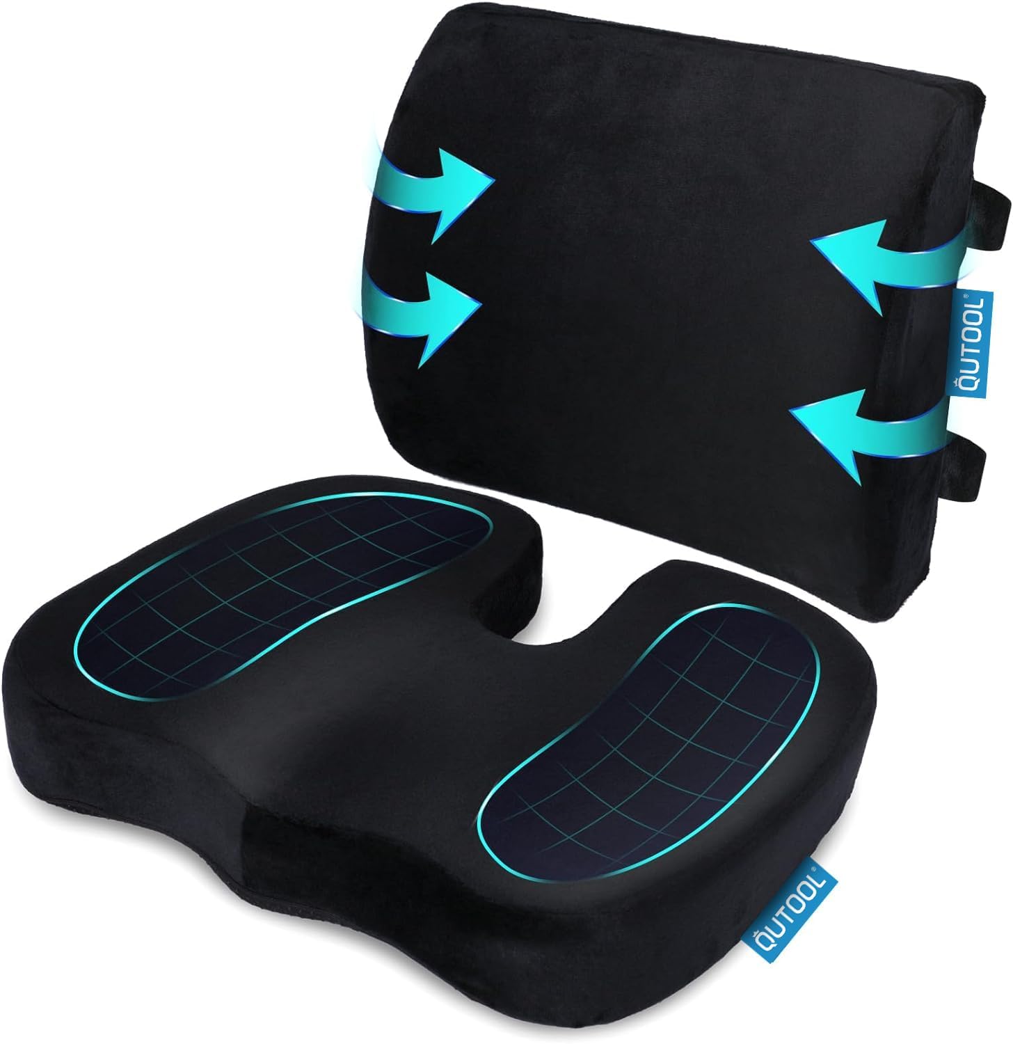 QUTOOL- Cojín Ortopédico De Asiento Y Almohada De Apoyo Lumbar – Espuma Viscoelástica Con Funda Lavable, Ergonómico Para Coxis, Alivio Del Dolor De Espalda Baja Y Ciática, Para Sillas Y Asientos