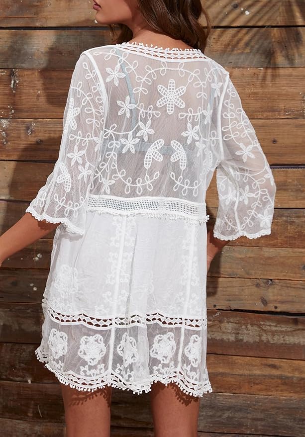Eomenie – Traje de Baño con Encaje en Contraste para Mujer, Salida de Baño Suelta con Cuello en V, Vestido de Playa Elegante - Imagen 5