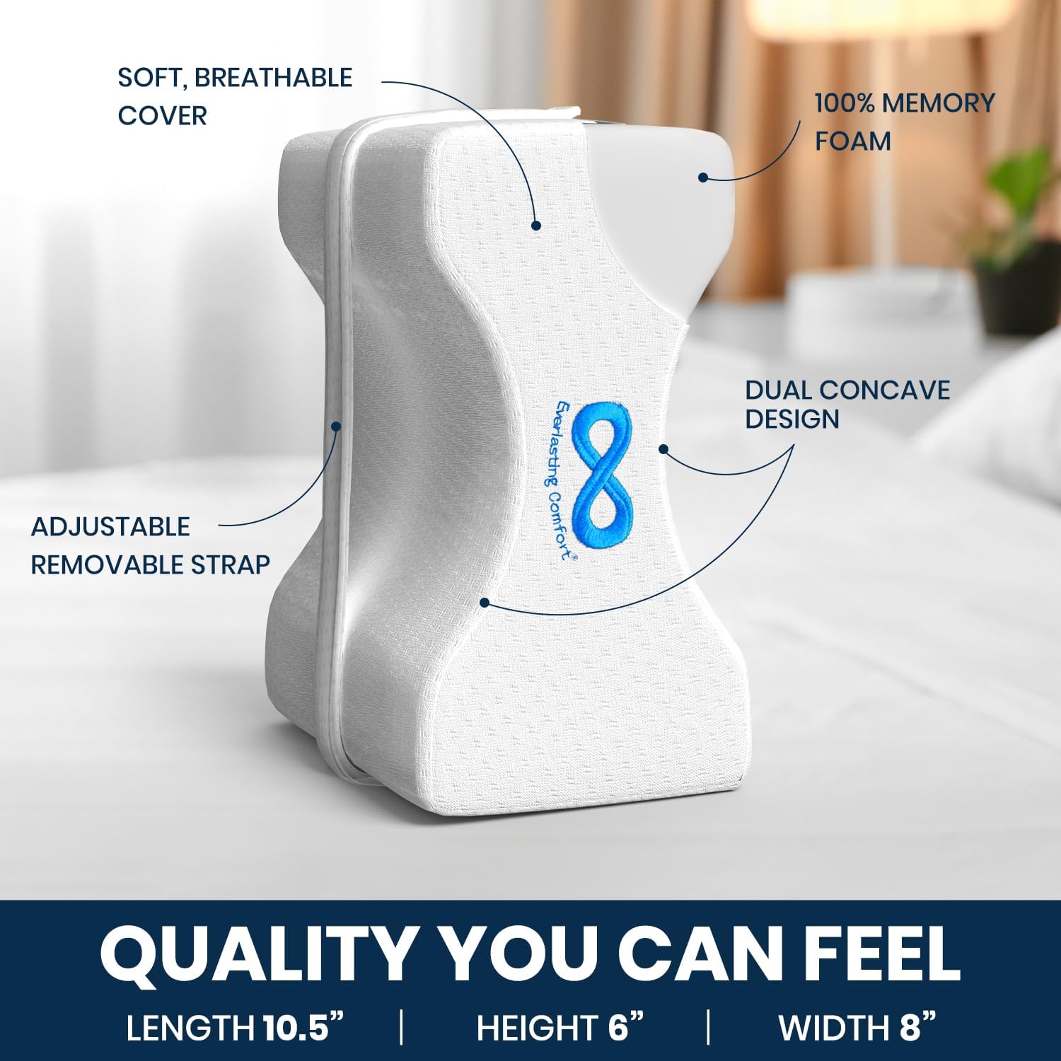 Everlasting Comfort – Almohada para Rodilla de Espuma Viscoelástica 100 % Pura con Correa Ajustable y Tapones para Oídos - Imagen 8