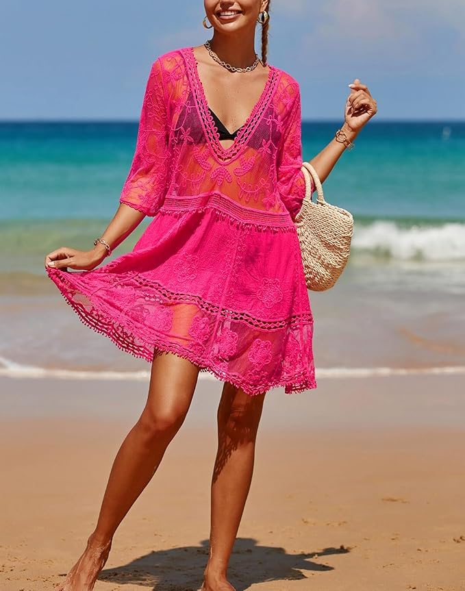 Eomenie – Traje de Baño de Encaje en Contraste para Mujer, Salida de Baño con Cuello en V, Vestido de Playa Suelto - Imagen 6