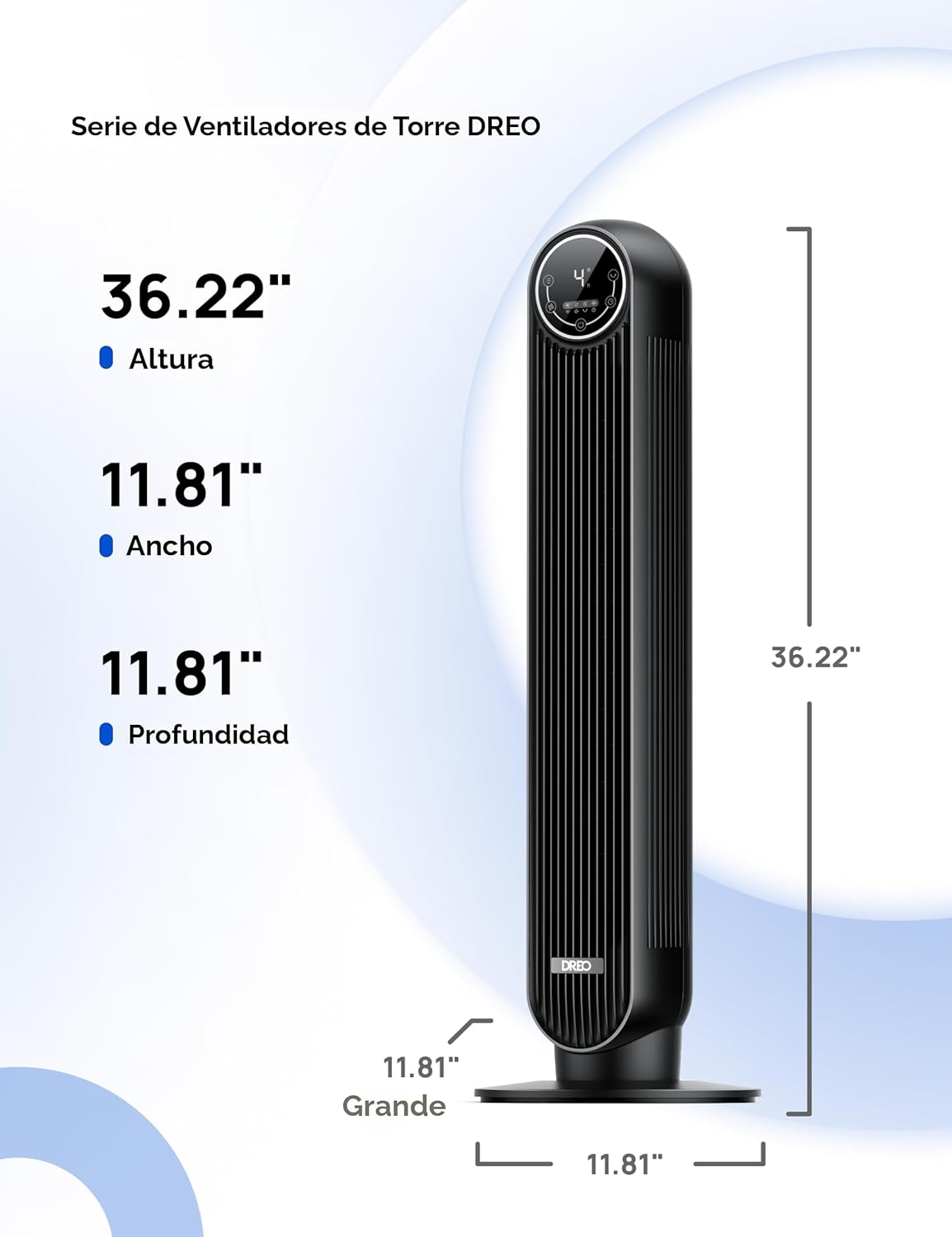 Dreo - Ventilador de Torre Silencioso para Dormitorio – 25 pies/s, 28 dB, Oscilación 90°, 4 Velocidades y Modos, Temporizador 8h - Imagen 8