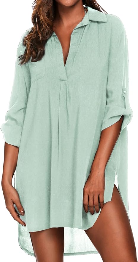 Ekouaer – Pareos de Playa para Mujer, Cuello en V, Salida de Baño, Vestido de Playa, Camisa para Bikini, Tallas S-3XL