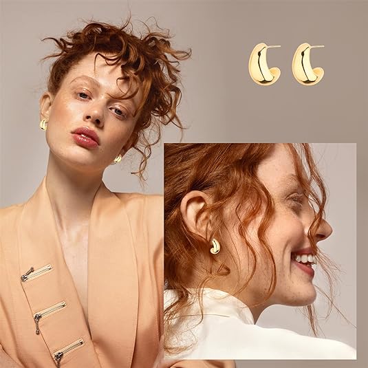 Wgoud - Juego De Aretes De Aro Gruesos De Oro 14 Quilates Para Mujer – Hipoalergénicos, Aretes De Aro Torcidos Y Elegantes - Imagen 2
