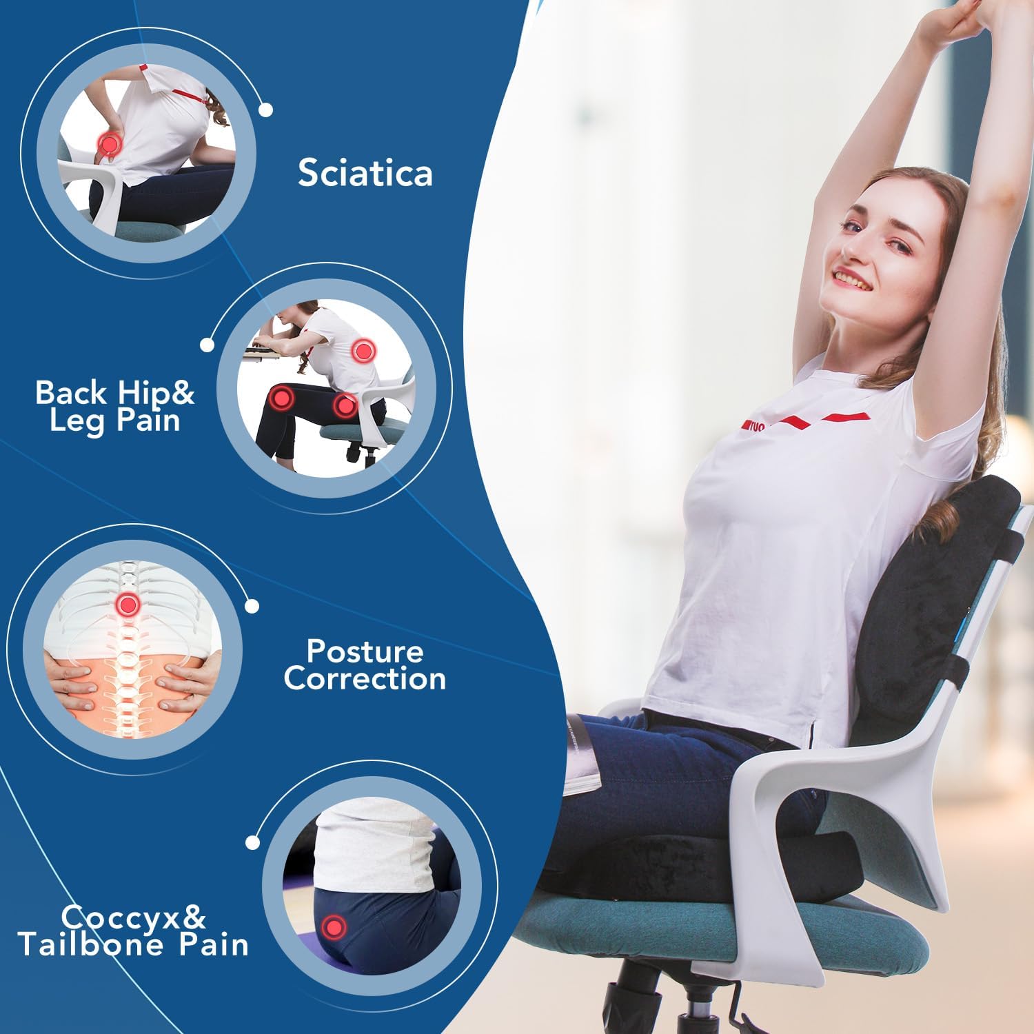 QUTOOL- Cojín Ortopédico De Asiento Y Almohada De Apoyo Lumbar – Espuma Viscoelástica Con Funda Lavable, Ergonómico Para Coxis, Alivio Del Dolor De Espalda Baja Y Ciática, Para Sillas Y Asientos - Imagen 4