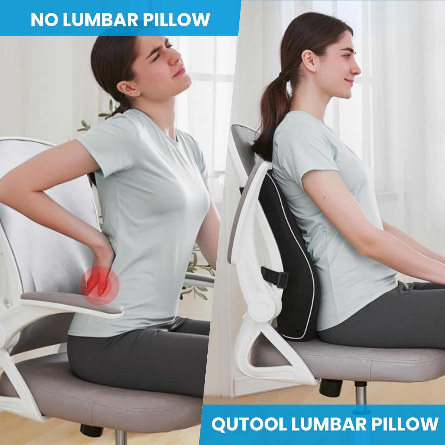 QUTOOL – Almohada de Apoyo Lumbar para Silla de Oficina, Automóvil y Silla de Juegos, Cojín Reclinable de Espuma Viscoelástica con Cubierta de Malla y Doble Correa Ajustable para Alivio del Dolor de Espalda y Mejora de la Postura - Imagen 5