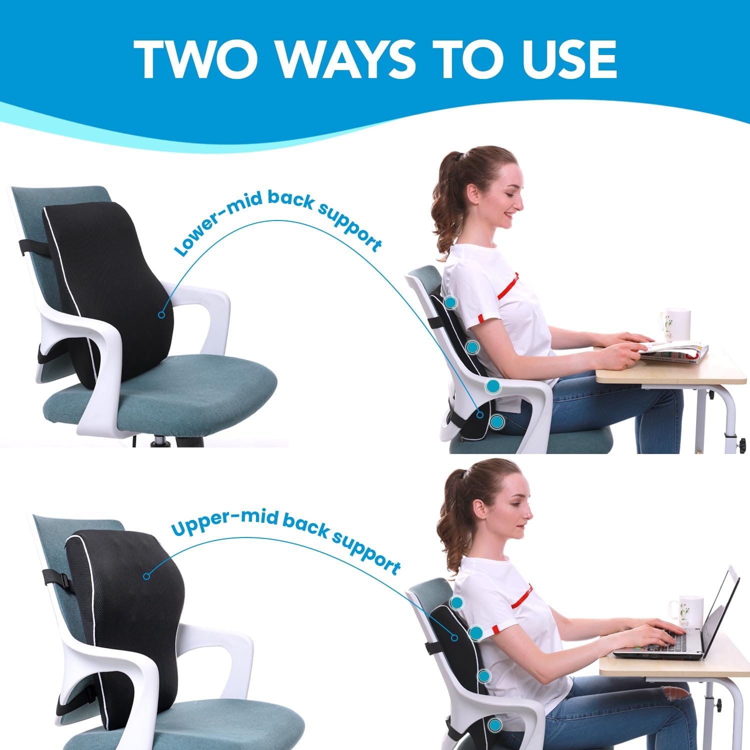 QUTOOL – Almohada de Apoyo Lumbar para Silla de Oficina, Automóvil y Silla de Juegos, Cojín Reclinable de Espuma Viscoelástica con Cubierta de Malla y Doble Correa Ajustable para Alivio del Dolor de Espalda y Mejora de la Postura - Imagen 6