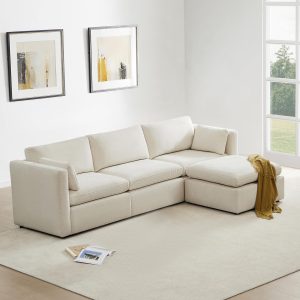 CHITA – Sofá Modular de Gran Tamaño en Forma de L de 112” con 4 Asientos y Otomana con Almacenamiento, Tapizado en Lino, Certificación FSC para Sala de Estar