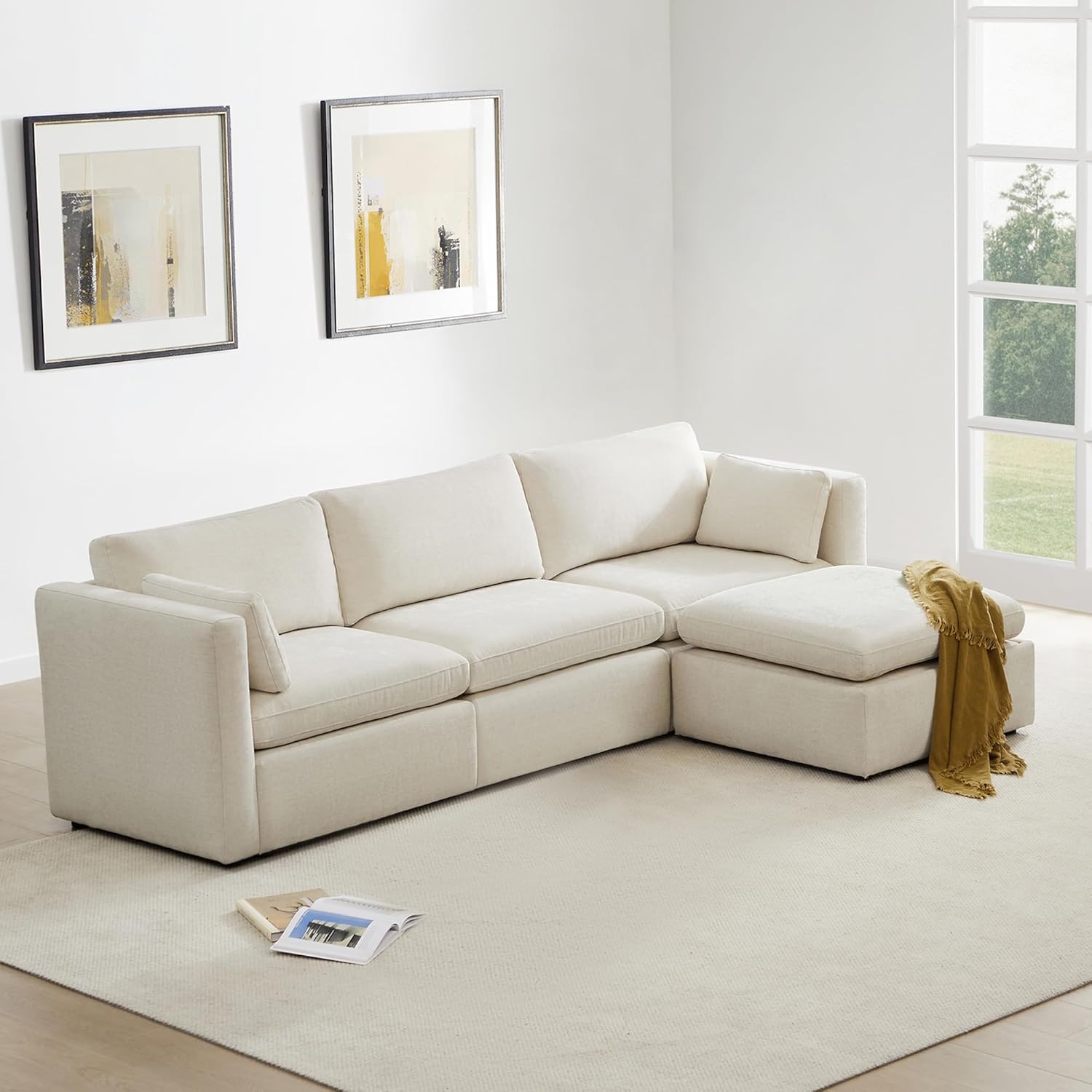 CHITA – Sofá Modular de Gran Tamaño en Forma de L de 112” con 4 Asientos y Otomana con Almacenamiento, Tapizado en Lino, Certificación FSC para Sala de Estar